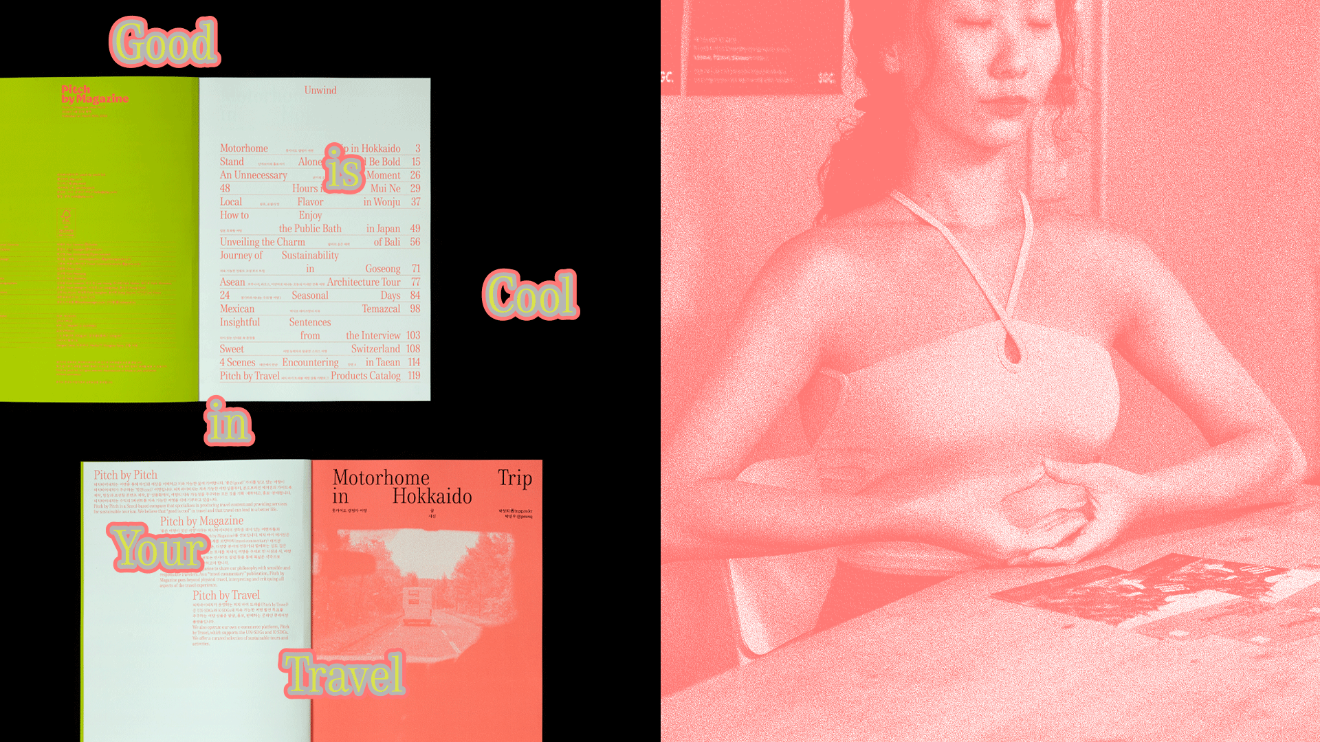Magazine table of contents combining neon green and coral pink pages, retro-style outlined typography with drop shadows spelling words like “Good” and “Cool,” and a mix of minimal type listings and halftone photography.