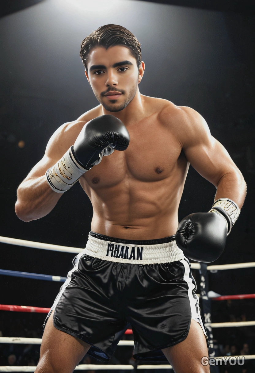 AI-generated boxer in gloves and shorts standing in ring under intense lighting, demonstrating sports ai image generation prompt results