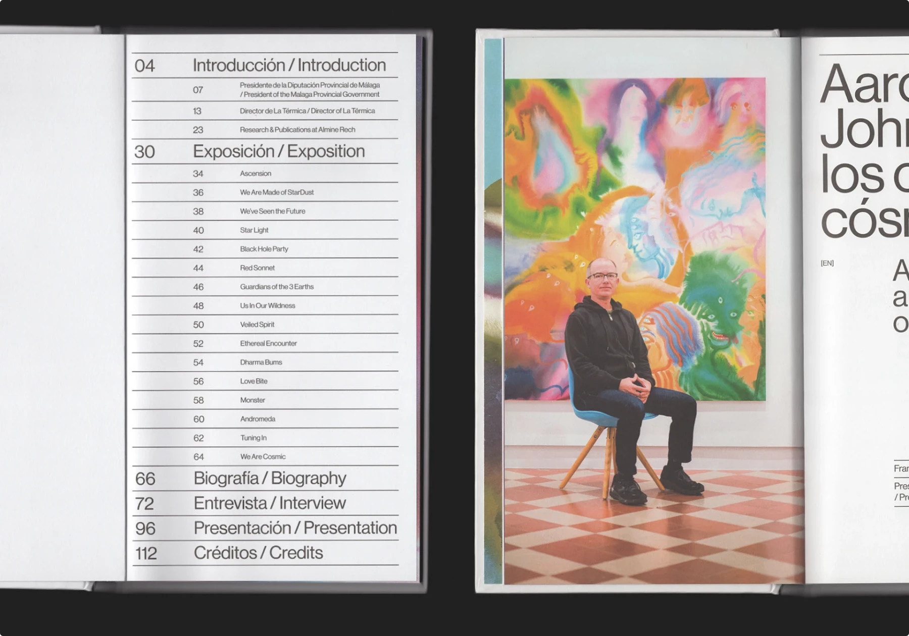 Magazine table of contents layout with large bold numbers, bilingual Spanish and English section titles, and a clean grid structure with horizontal divider lines.