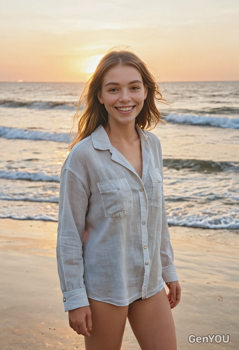 AI-generated woman in loose linen shirt walking along shoreline at sunset with ocean background, demonstrating natural lighting ai image prompt techniques