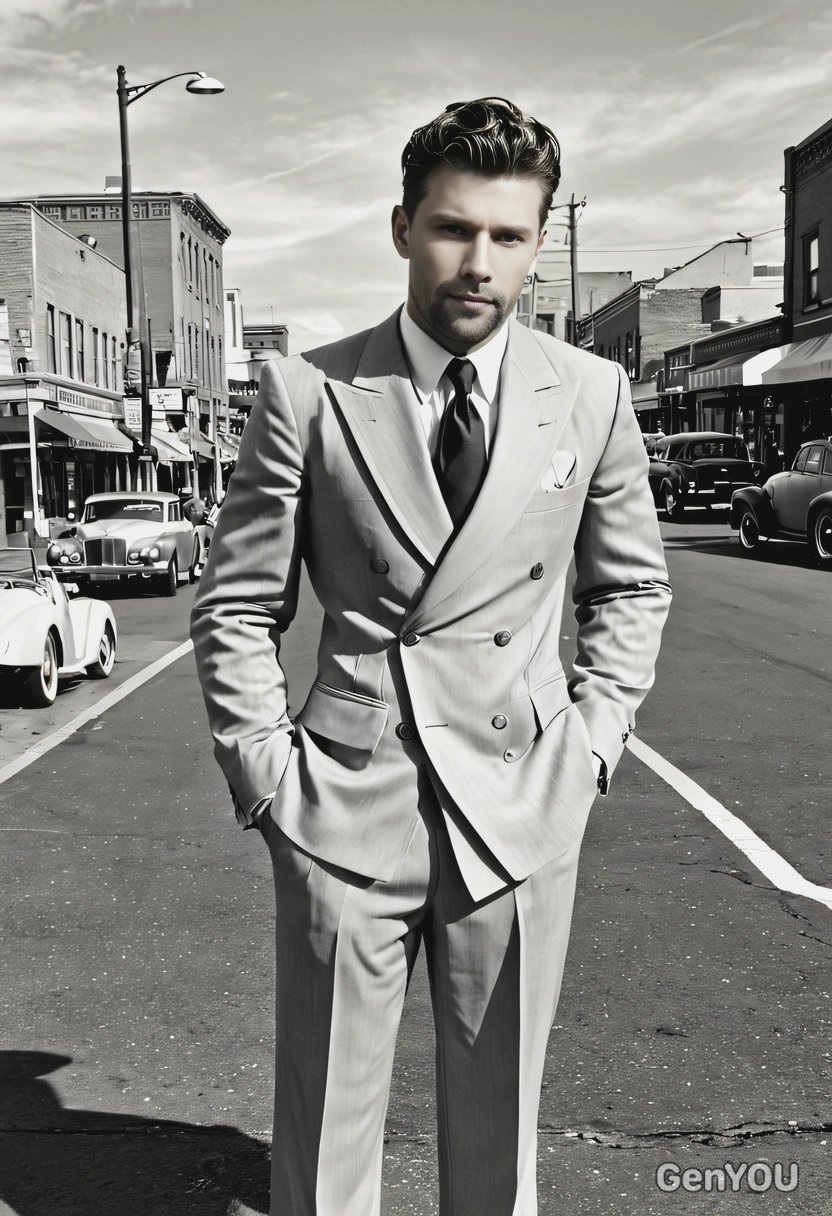 AI-generated man in 1930s gangster-style suit on city street with black and white filter, demonstrating vintage ai photo prompt techniques