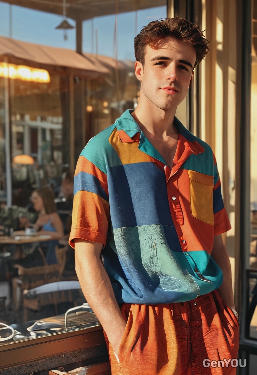 AI-generated image of man in colorful patchwork shirt at French cafe with natural lighting, demonstrating realistic ai image generator prompt results
