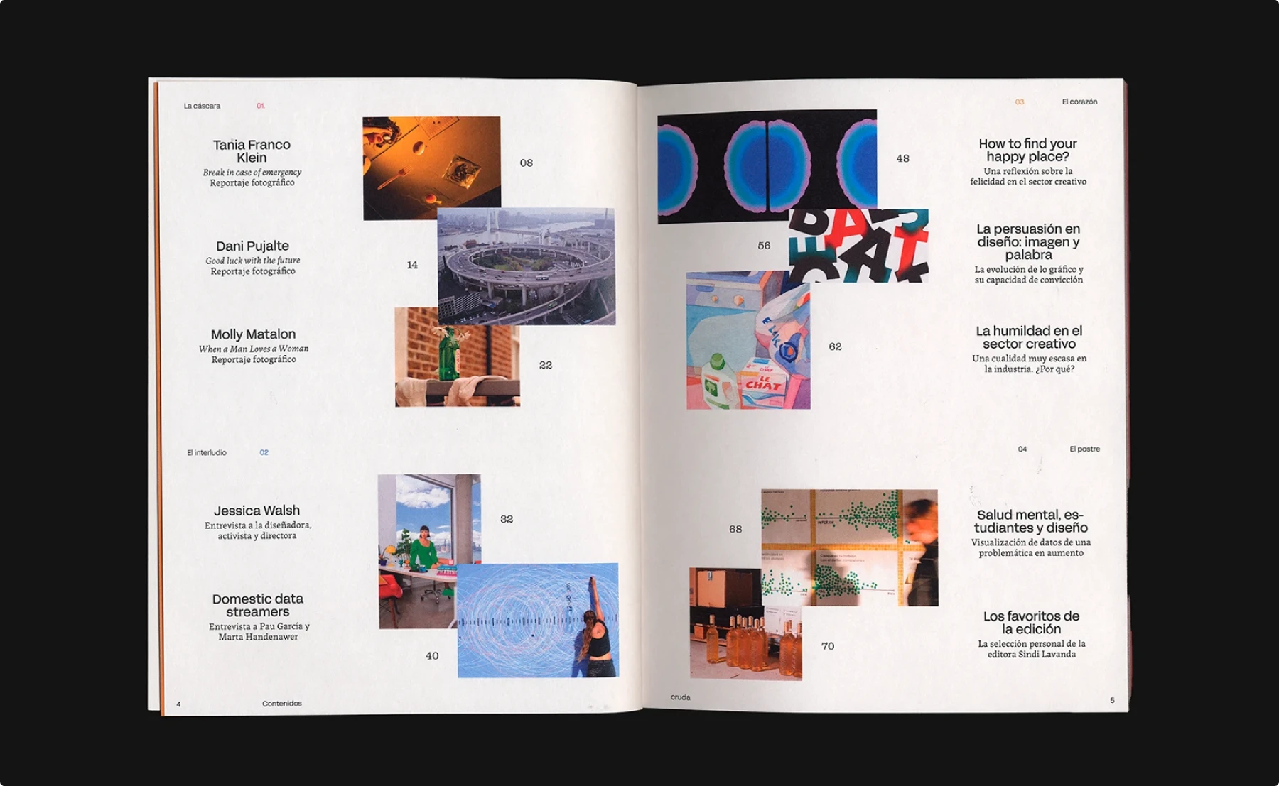 Magazine table of contents spread with scattered photographs and artwork used as navigation markers, paired with minimalist text entries and page numbers arranged in an irregular grid.