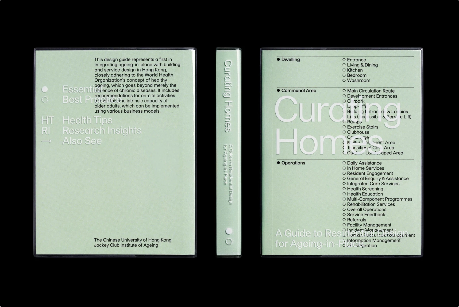 Book table of contents on a pale green background using bullet points and outlined categories such as Dwelling, Communal Area, and Operations, with subtopics neatly listed in a structured outline format.