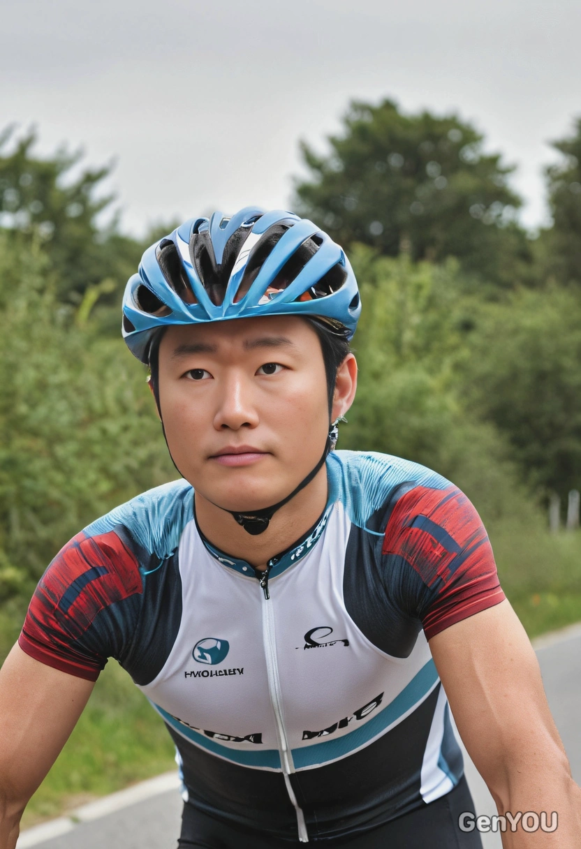 AI-generated road cyclist in professional gear with helmet and blurred background in motion, example of dynamic sports ai image prompt techniques