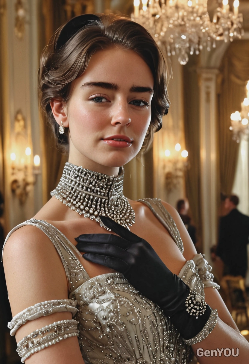 AI-generated American heiress in satin evening gown with opera gloves and diamond choker in Gilded Age mansion, demonstrating historical luxury ai photo prompt results