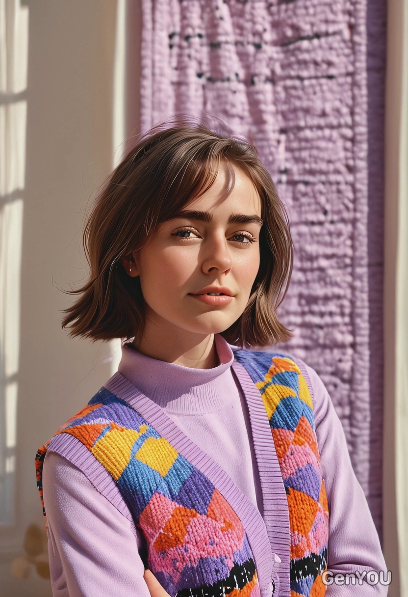 AI-generated woman with curtain bangs hairstyle in lilac chunky knit vest with colorful geometric patterns at art gallery, showing trendy fashion ai image prompt results
