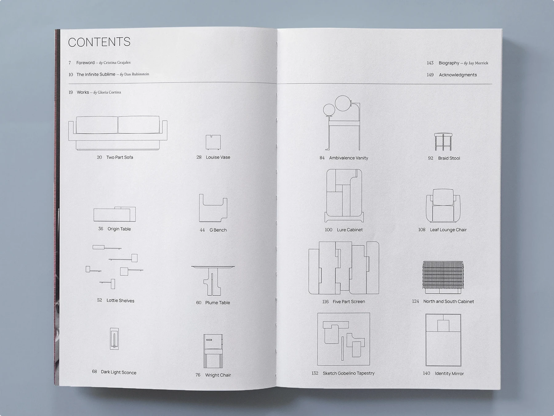 Book table of contents featuring minimalist line drawings of furniture pieces arranged in a grid, each paired with a title and page number, creating a clean technical catalog look.