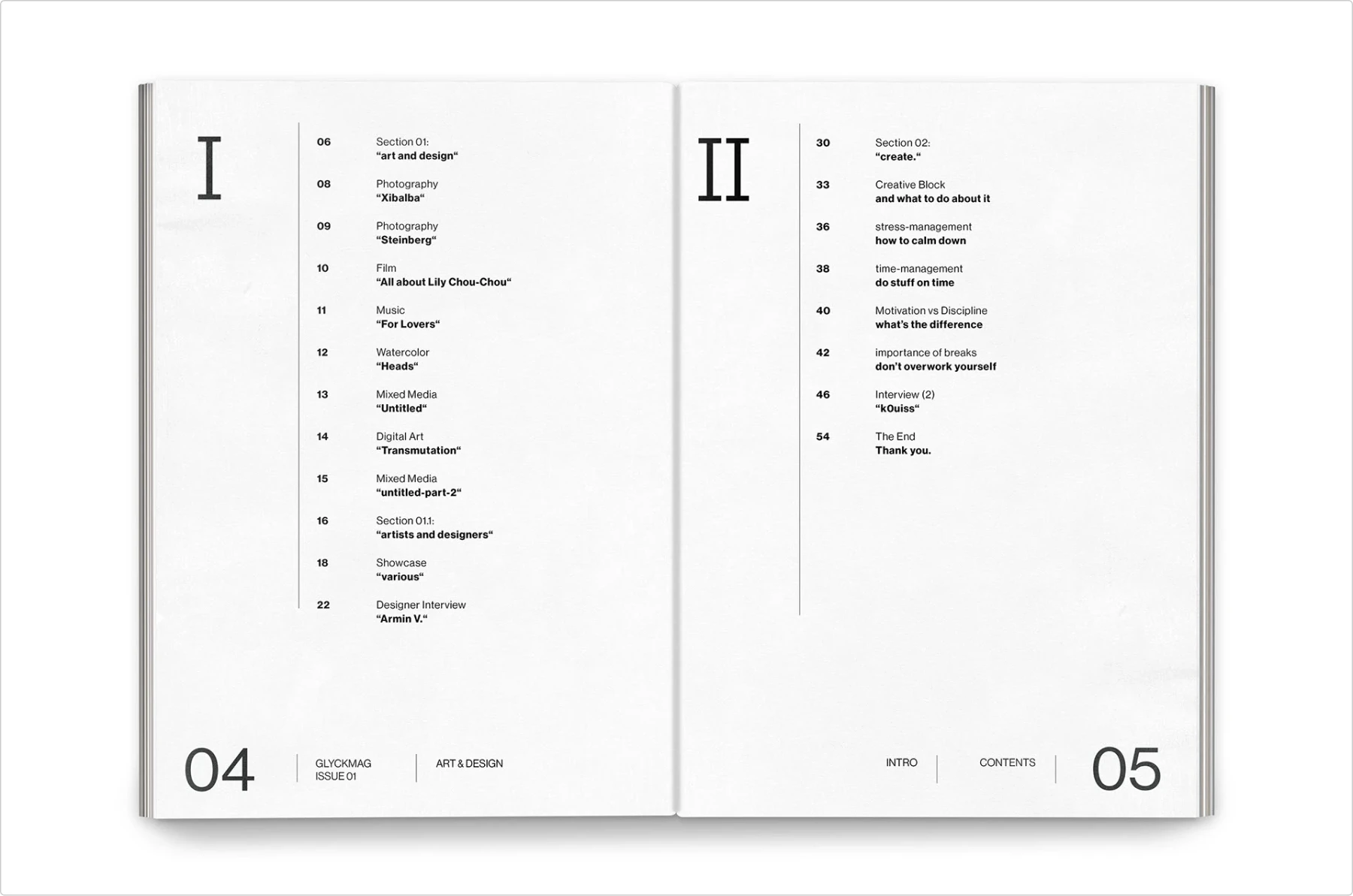 Magazine table of contents spread divided into two columns labeled with large Roman numerals I and II, each listing articles with page numbers, section titles, and short descriptions in a clean black sans-serif on white background.