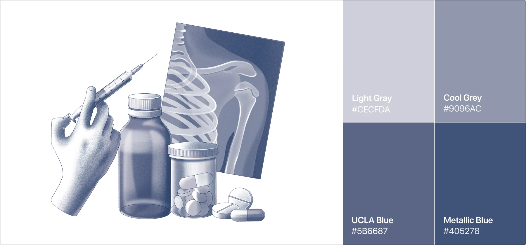 Monochromatic blue medical illustration—hand holding a syringe beside medicine bottles, a pill jar, and a shoulder X-ray. On the right, four swatches show the palette: Light Gray #CECFDA, Cool Grey #9096AC, UCLA Blue #5B6687, and Metallic Blue #405278.