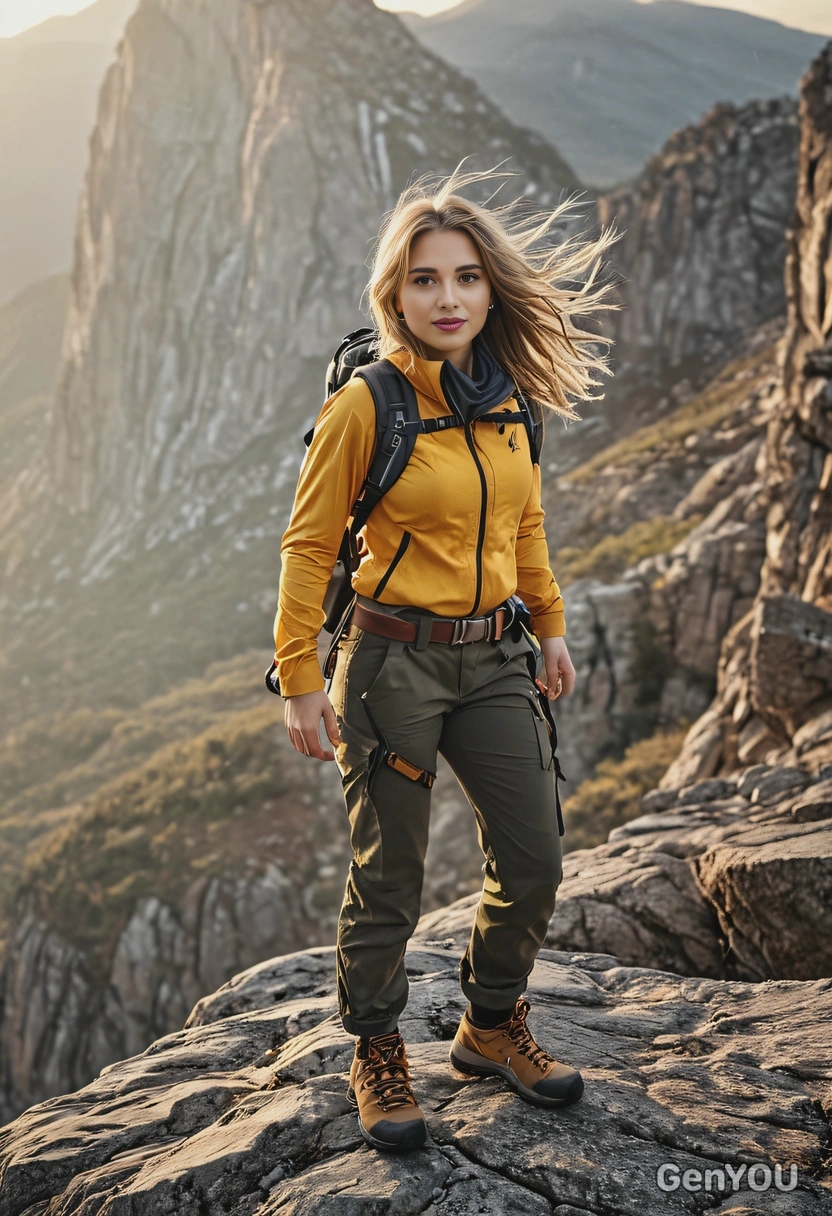 AI-generated mountain explorer woman standing on rocky cliff with wind-blown hair in tracking gear, showing adventure ai image creator prompt results