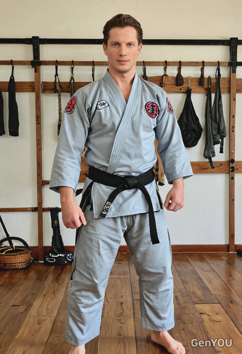 AI-generated martial artist in traditional gi and black belt in dojo with wooden floors and weapons on wall, showing authentic sports venue ai photo prompt results