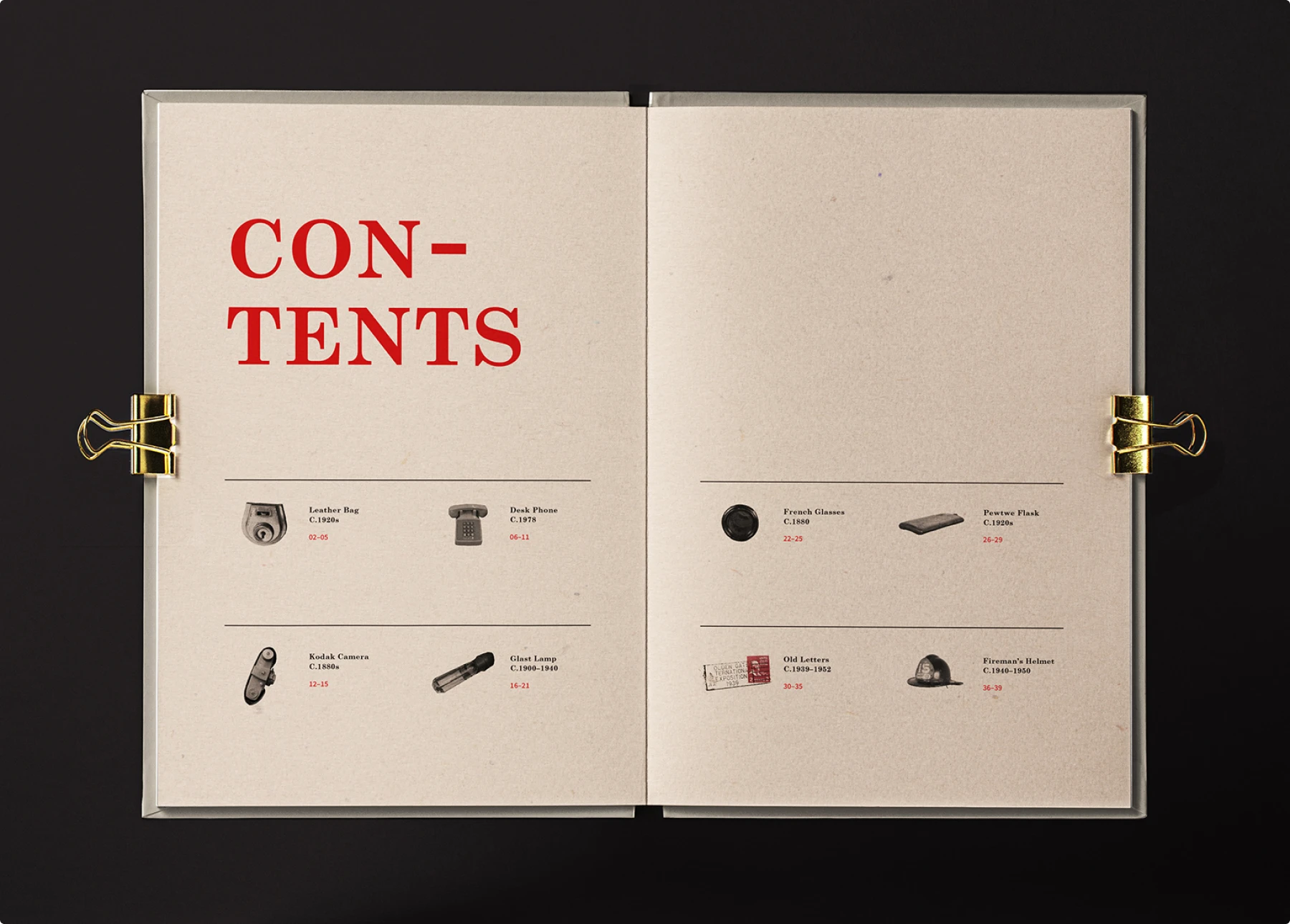 Book table of contents with the word “CONTENTS” in large red serif type on the left page, and each entry represented by small black and white object illustrations such as a leather bag, desk phone, and camera, paired with titles and page ranges.