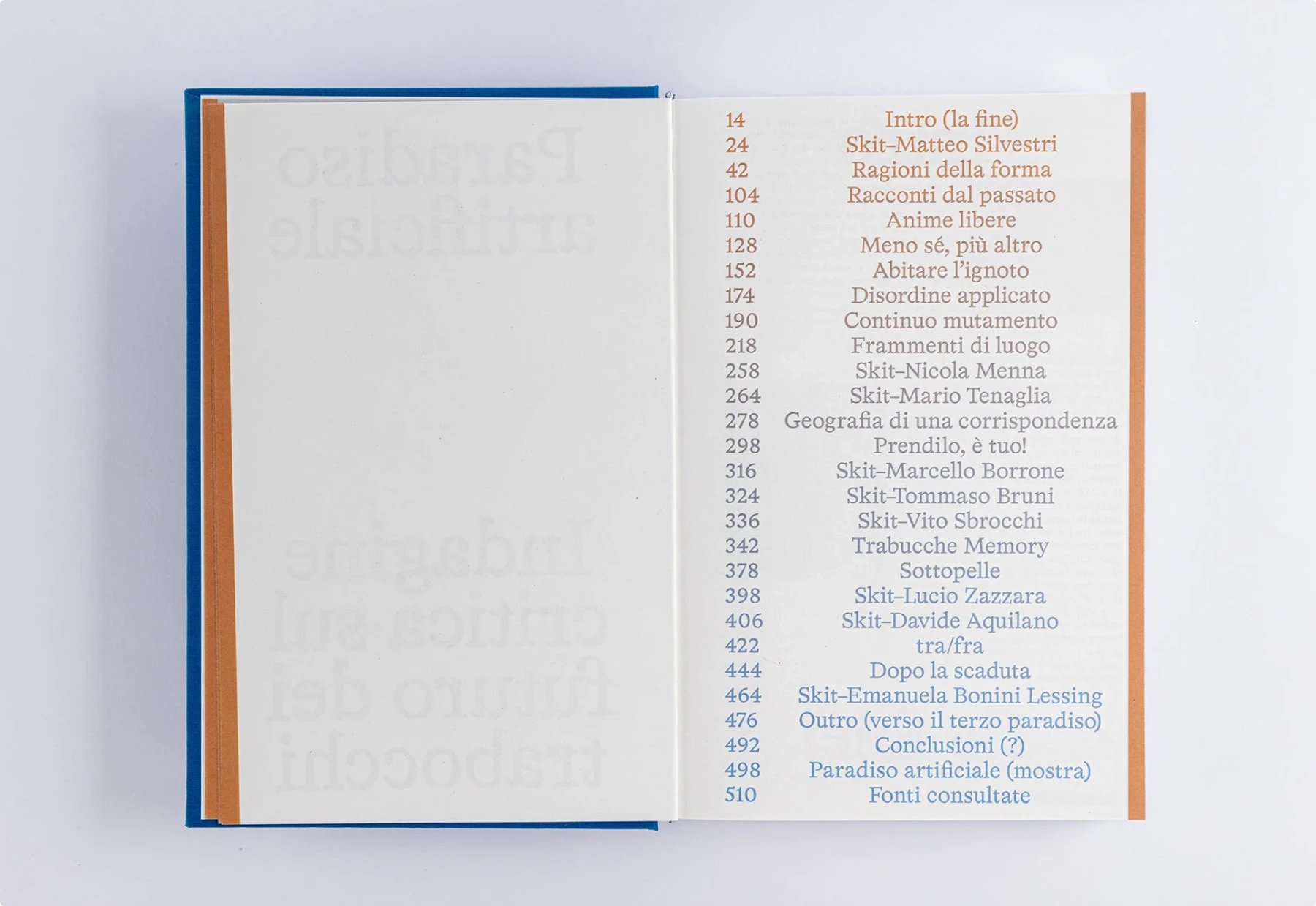 Book table of contents with a single vertical column of entries where the page numbers and titles shift gradually from warm red to brown to cool blue, creating a subtle gradient effect.