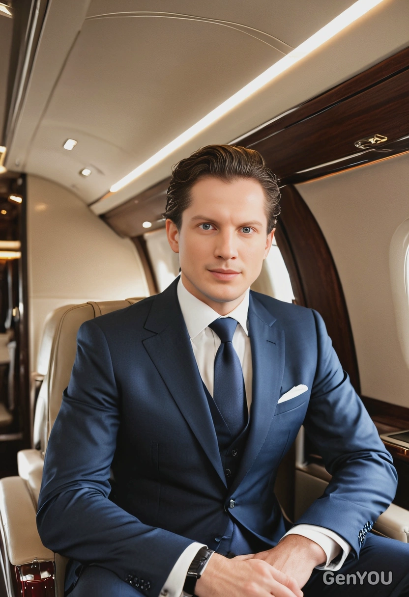 AI-generated businessman in sleek modern tuxedo on private jet, showing luxury professional ai photo prompt results