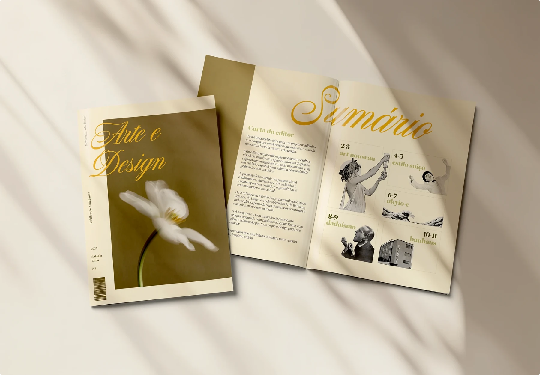 Magazine table of contents spread in Portuguese with the title “Sumário” in script type, featuring vintage black and white cut-out images paired with small blocks of text and page numbers on a cream background.