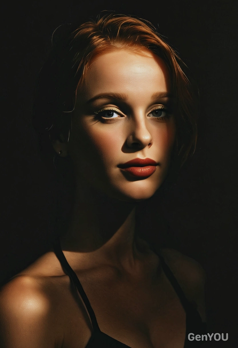 AI-generated image of woman with dramatic lighting and dark background showing moody portrait style, example of cinematic ai image prompt results
