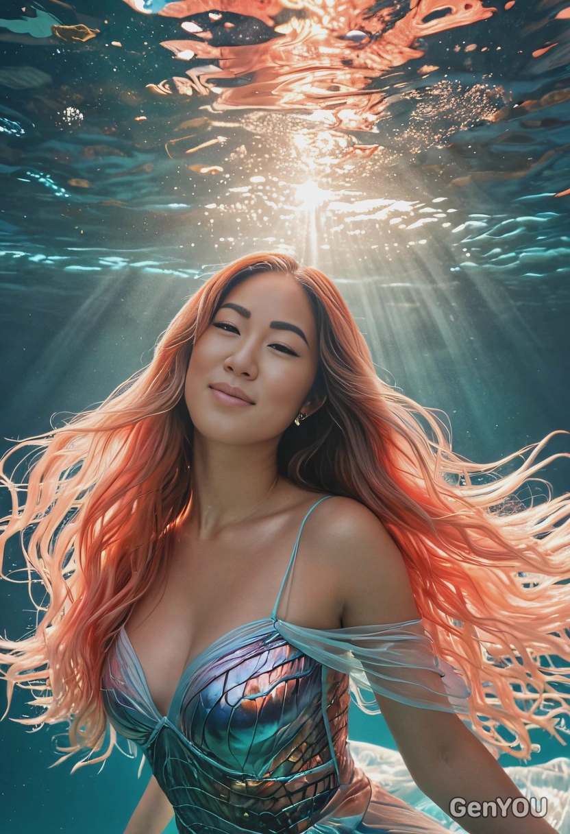 AI-generated underwater siren with flowing iridescent hair and shimmering scale dress in coral reef setting, demonstrating fantasy ai image prompt capabilities