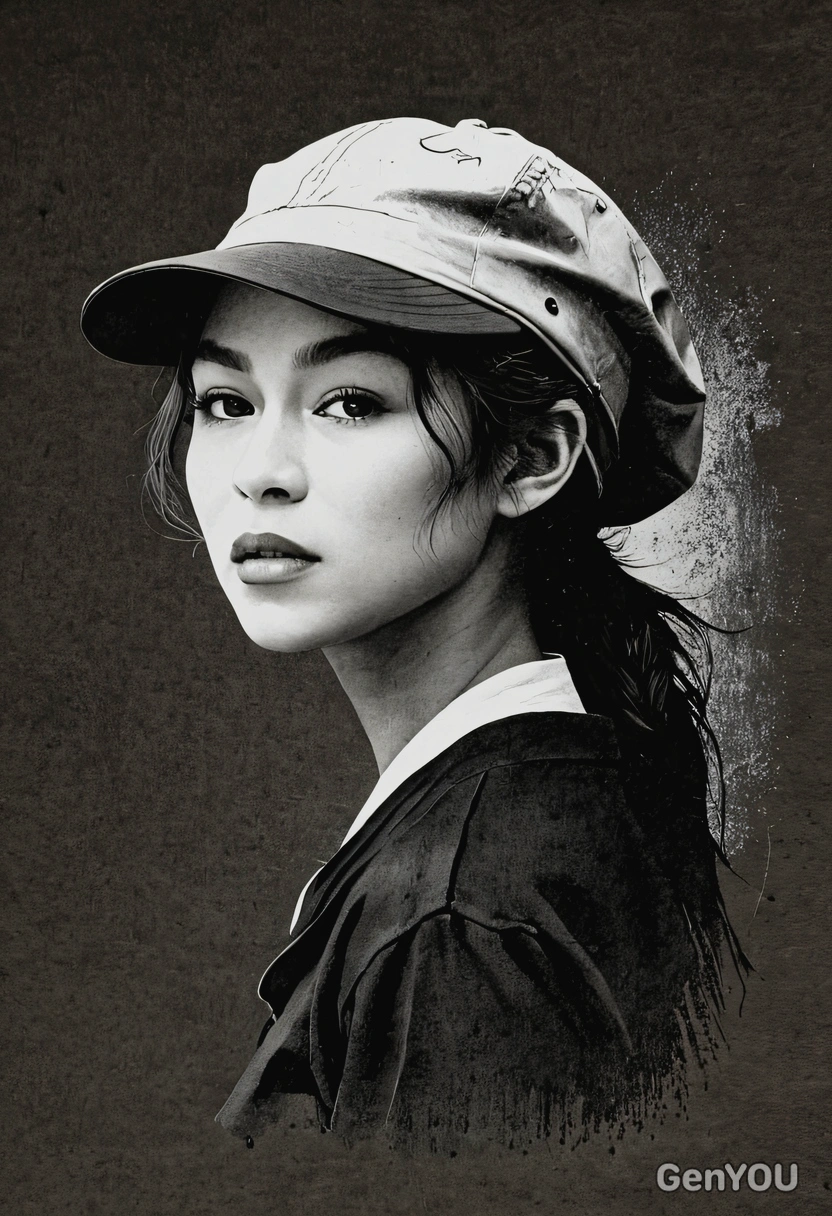 AI-generated woman in cap with charcoal painting effect, high contrast black and white silhouette style, showing artistic ai image prompt techniques