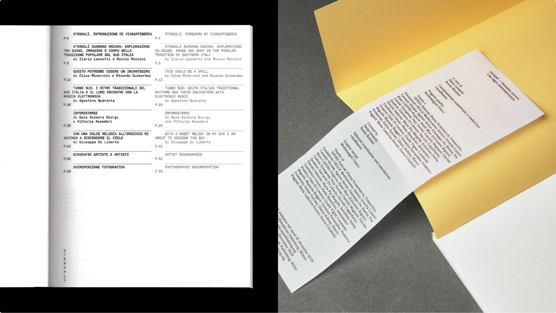 Book table of contents printed in black monospaced type, aligned in neat left columns with page numbers marked as “P.4,” “P.20,” etc., resembling a typewritten document. Next to it, a long folded insert repeats the same style on white paper.