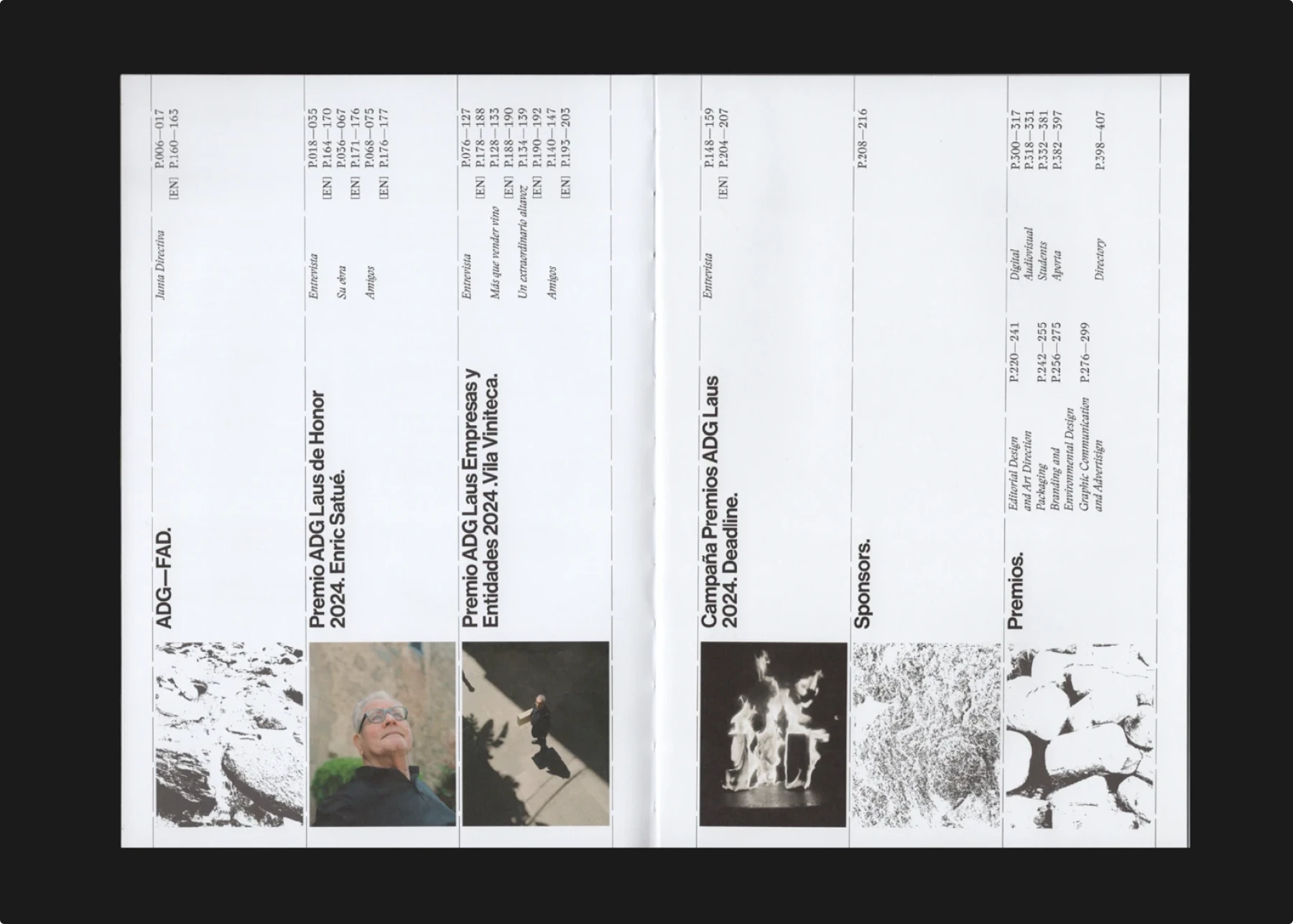 Table of contents spread with vertical column layouts, bold rotated headings, narrow black dividers, and small photographic inserts at the bottom of each column, giving it a modular grid and brutalist design aesthetic.
