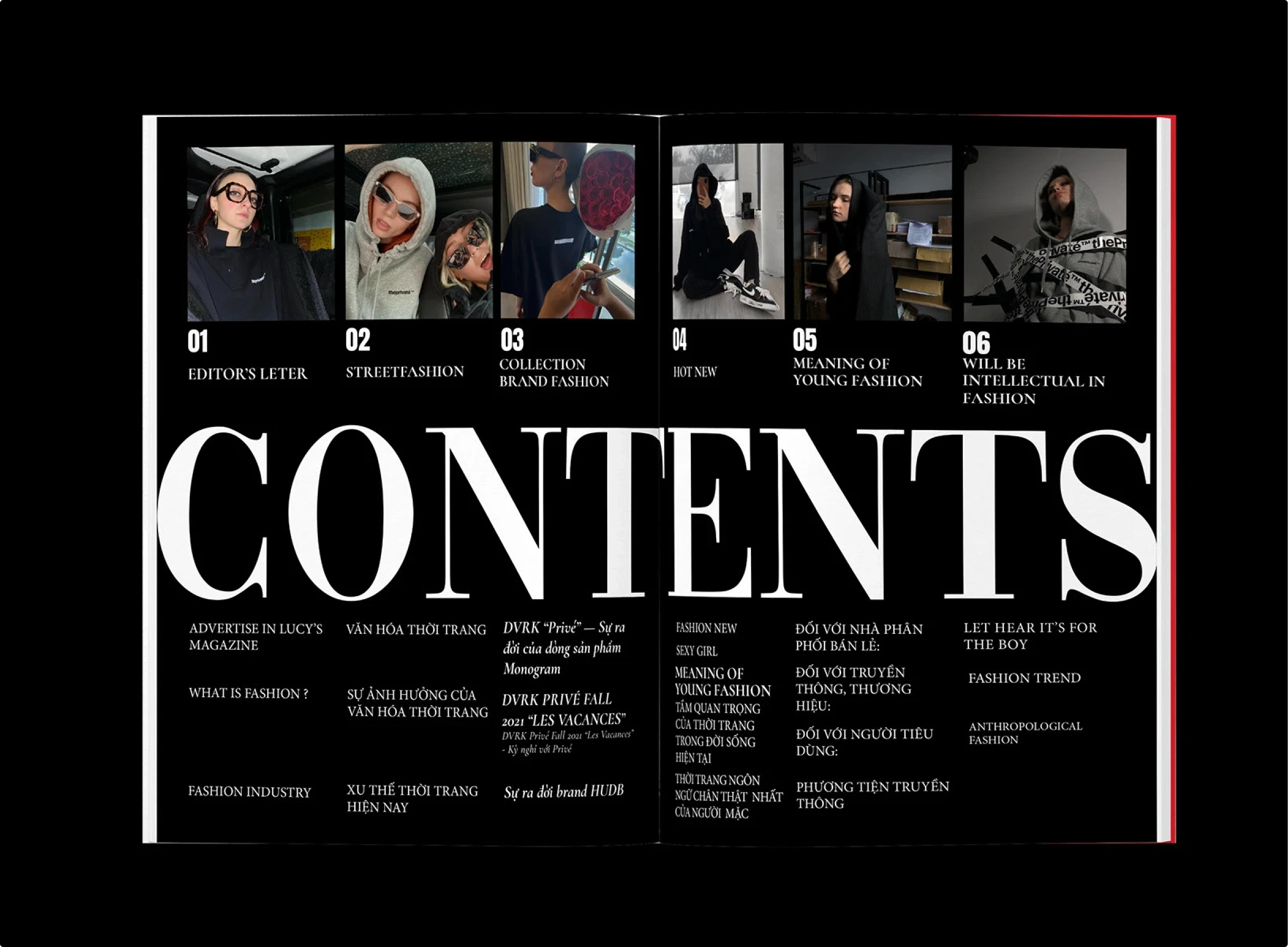Fashion magazine table of contents spread with top rows of portrait photographs of models in streetwear, bold black background, oversized white serif word “CONTENTS” stretching across both pages, and bilingual English-Vietnamese article listings.