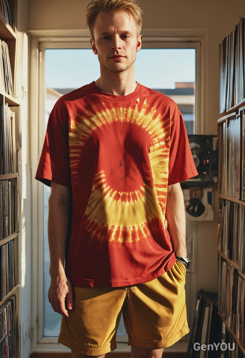 AI-generated image of man in red and yellow tie-dye shirt browsing vinyl records in bookstore, demonstrating realistic photo generator results