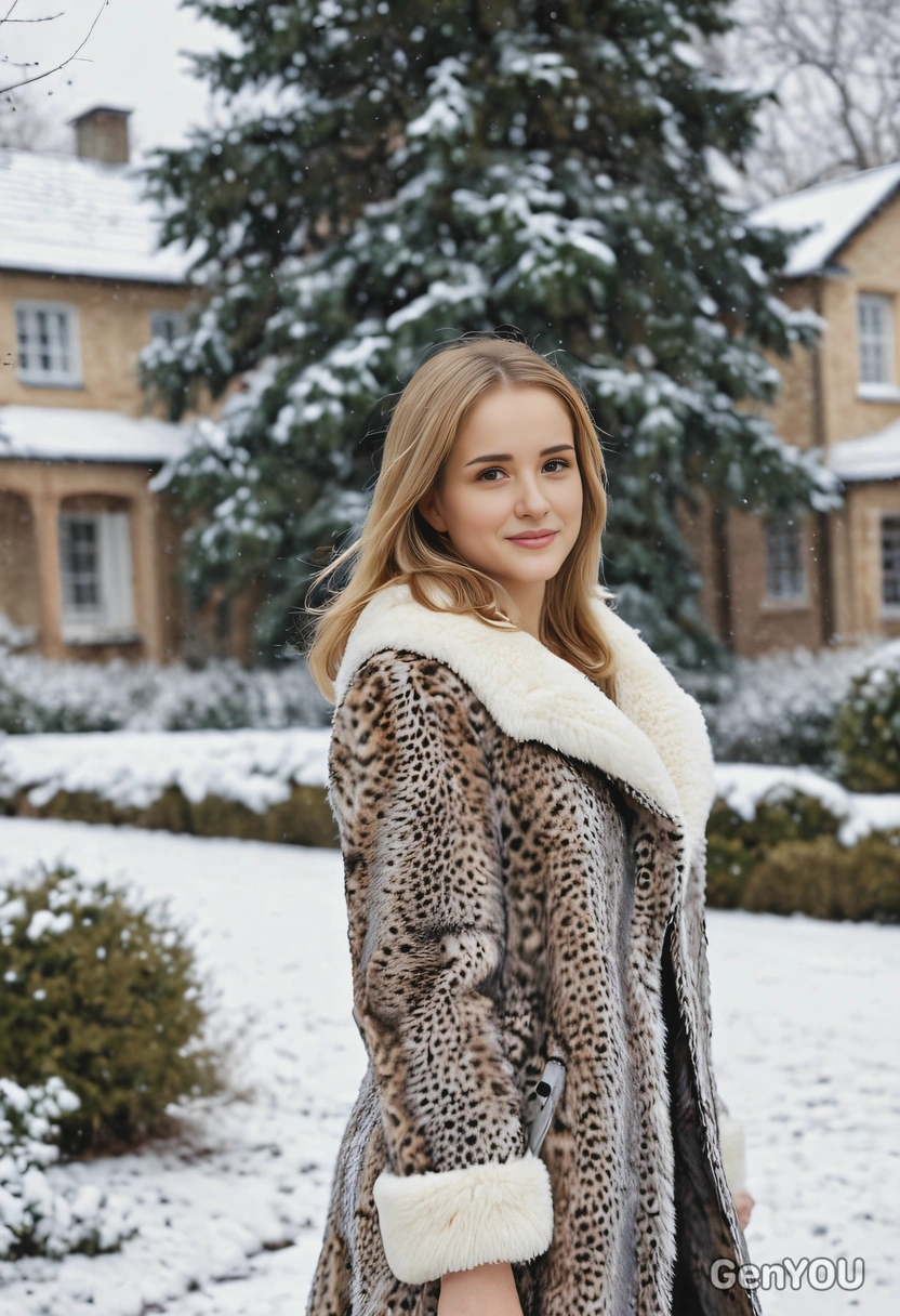 AI-generated woman in fur coat walking through snowy estate with blurred background and soft focus, showing winter lifestyle ai image generator results