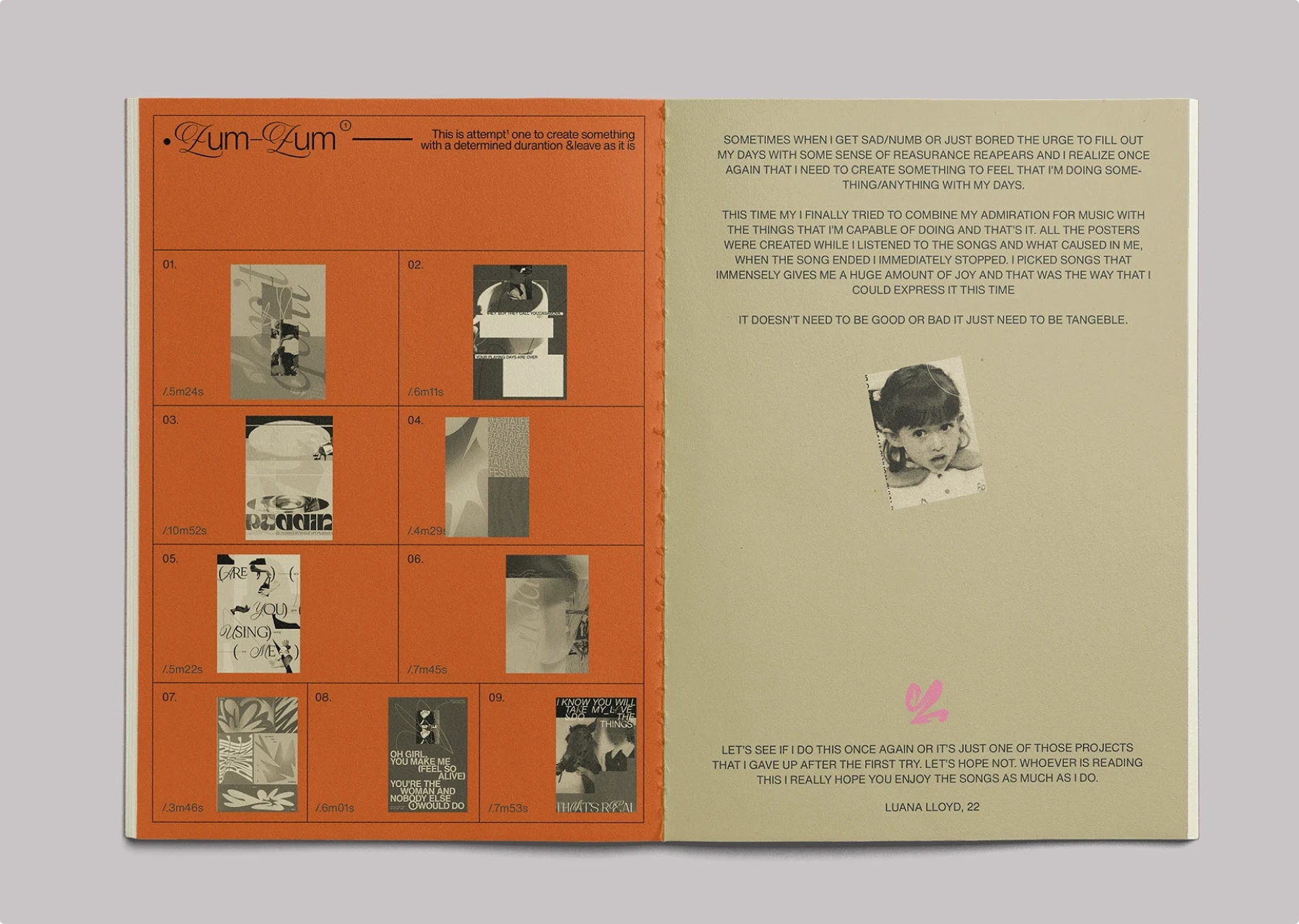 Table of contents printed on an orange background, arranged in a three-by-three grid of squares, each containing a cropped poster-style image with a time stamp and entry number, resembling a music tracklist.